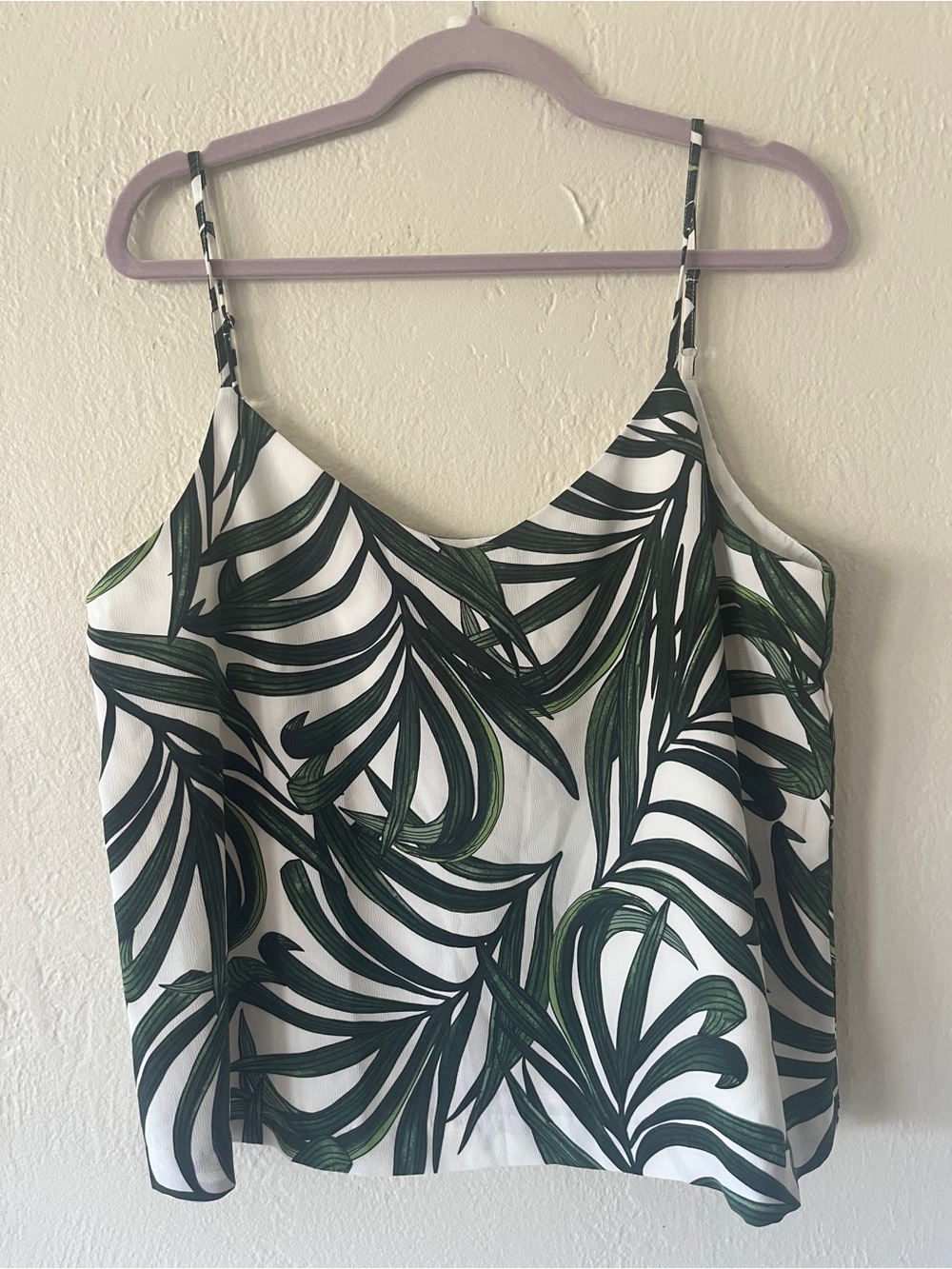 Palm-Leaf Print Green Cami Top - Lightweight Spaghetti Strap